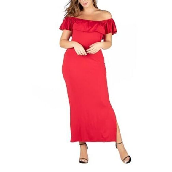 24seven Comfort Apparel Dresses & Skirts - Plus Size Ruffle Off The Shoulder Maxi Dress Red 2X